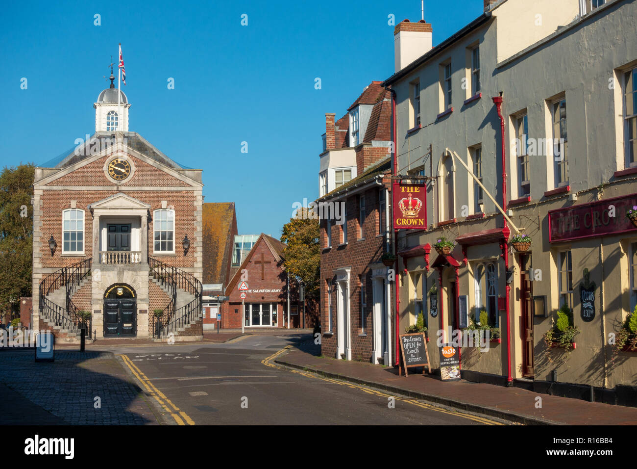 Church Street in Poole old town with view down to Guildhall, Dorset Stock Photo