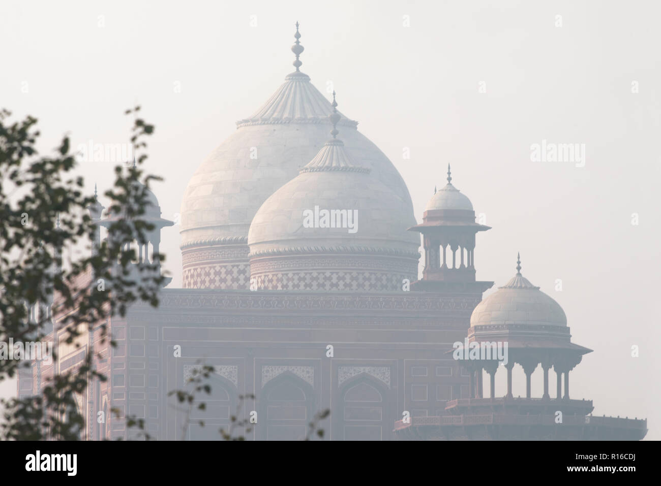 Wonderfully architectured domes of Mihmaan Khana in the complex of Taj Mahal with perfect mughal architecture made of marble stone and appearing huge Stock Photo