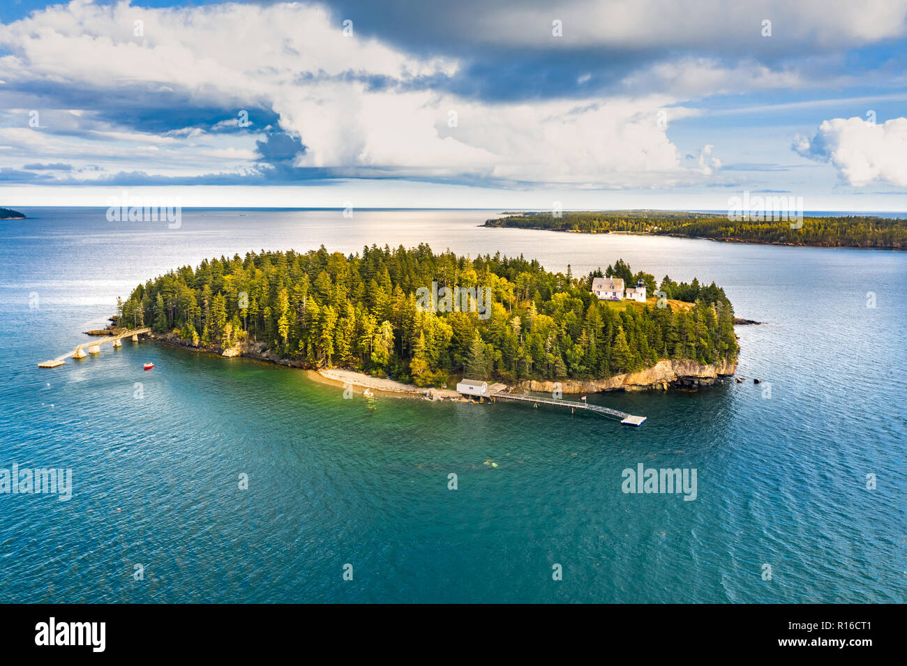 Aerial view of Bear Island. Bear Island and the Bear Island Lighthouse are located in the community of Cranberry Isles, in Acadia National Park, Maine Stock Photo