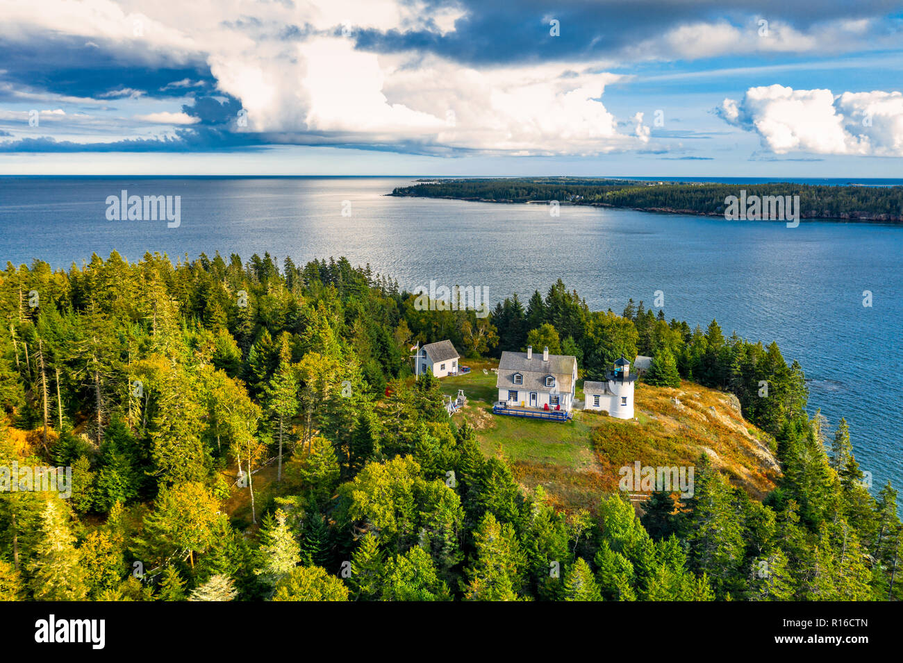 Aerial view of Bear Island Lighhouse. Bear Island and the Bear Island Lighthouse are located in the community of Cranberry Isles, in Acadia National P Stock Photo