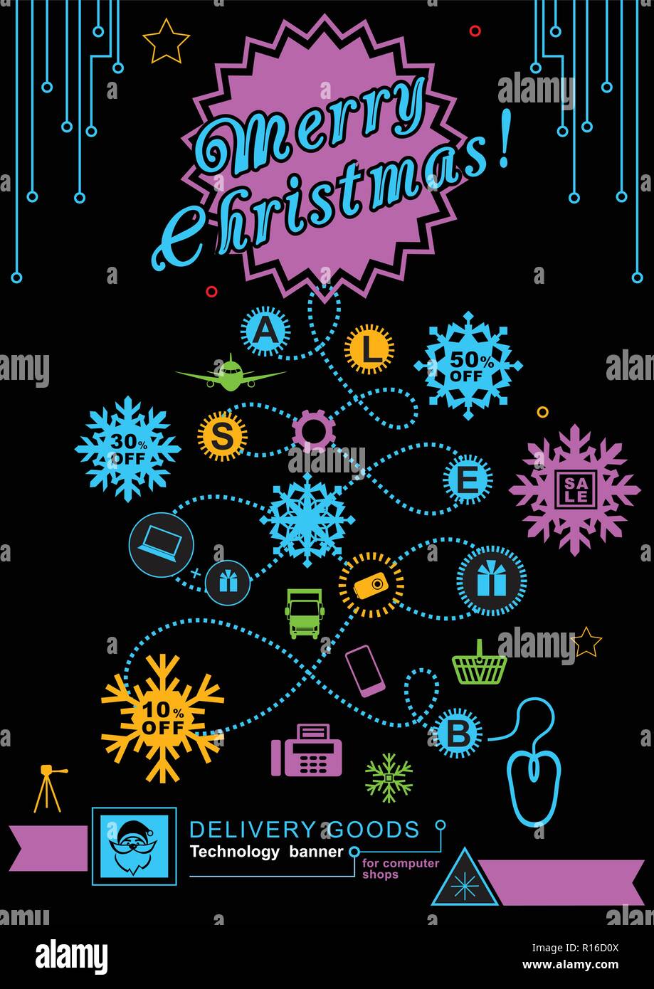 Pathway in the shape of christmas tree. Bright neon christmas logistics icons on the black background. Technology background. Icon of Santa Clause. Stock Vector