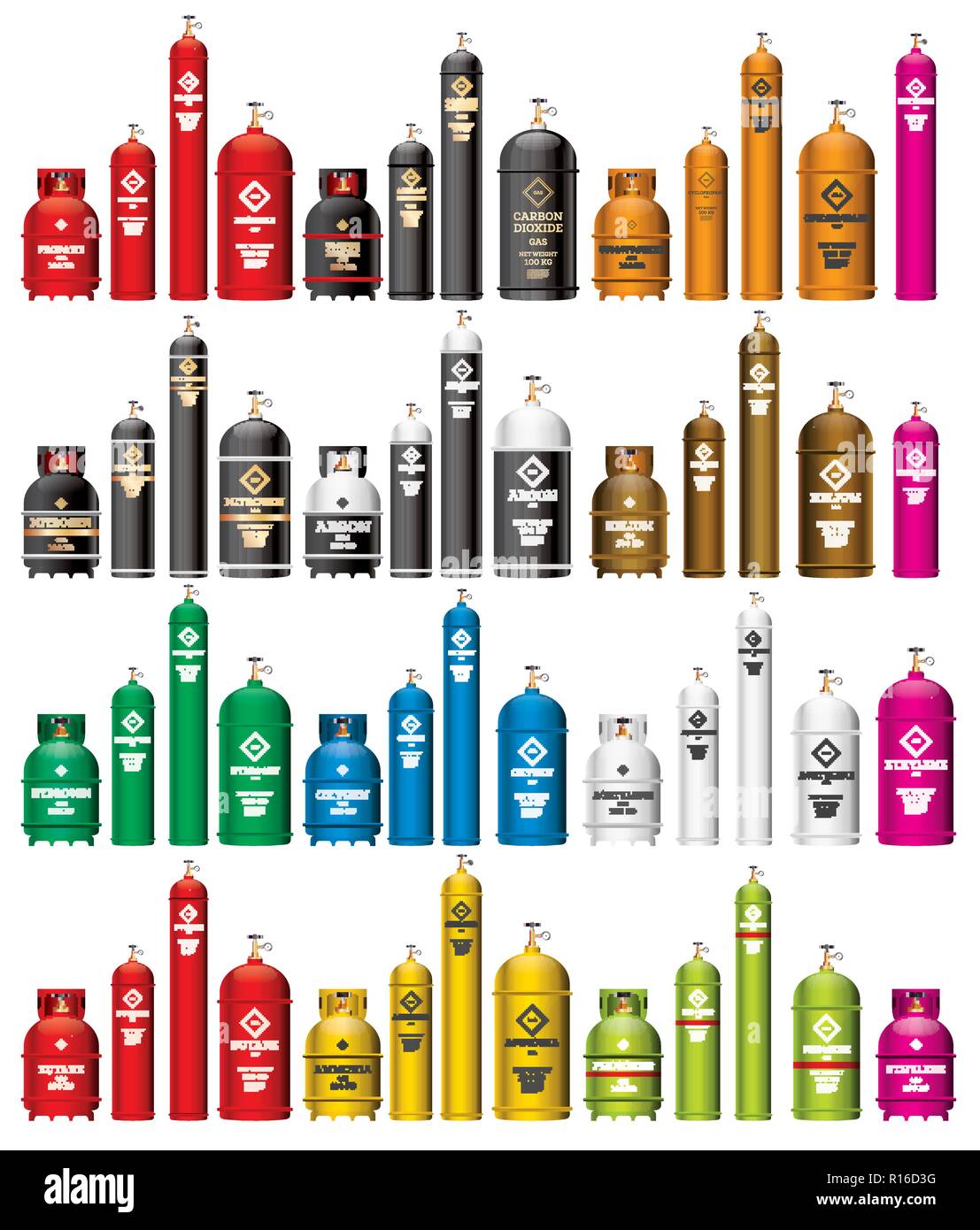 Gas Tank Cylinder Set Isolated on White. Vector Illustration. Containers and Balloons with Different Danger Gases. Nitrogen, Oxygen, Acetylene, Argon. Stock Vector