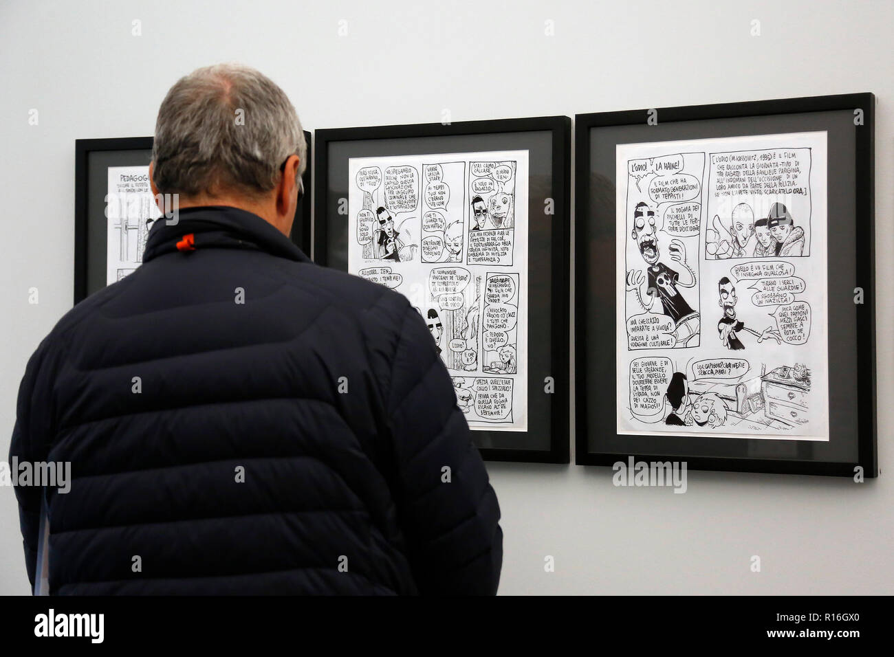 Rome November 9th 2018. Exhibition of the Italian cartoonist Zerocalcare, aka Michele Rech, one of the most famous in Italy, titled 'Digging ditches - feeding crocodiles'. Foto Samantha Zucchi Insidefoto Stock Photo