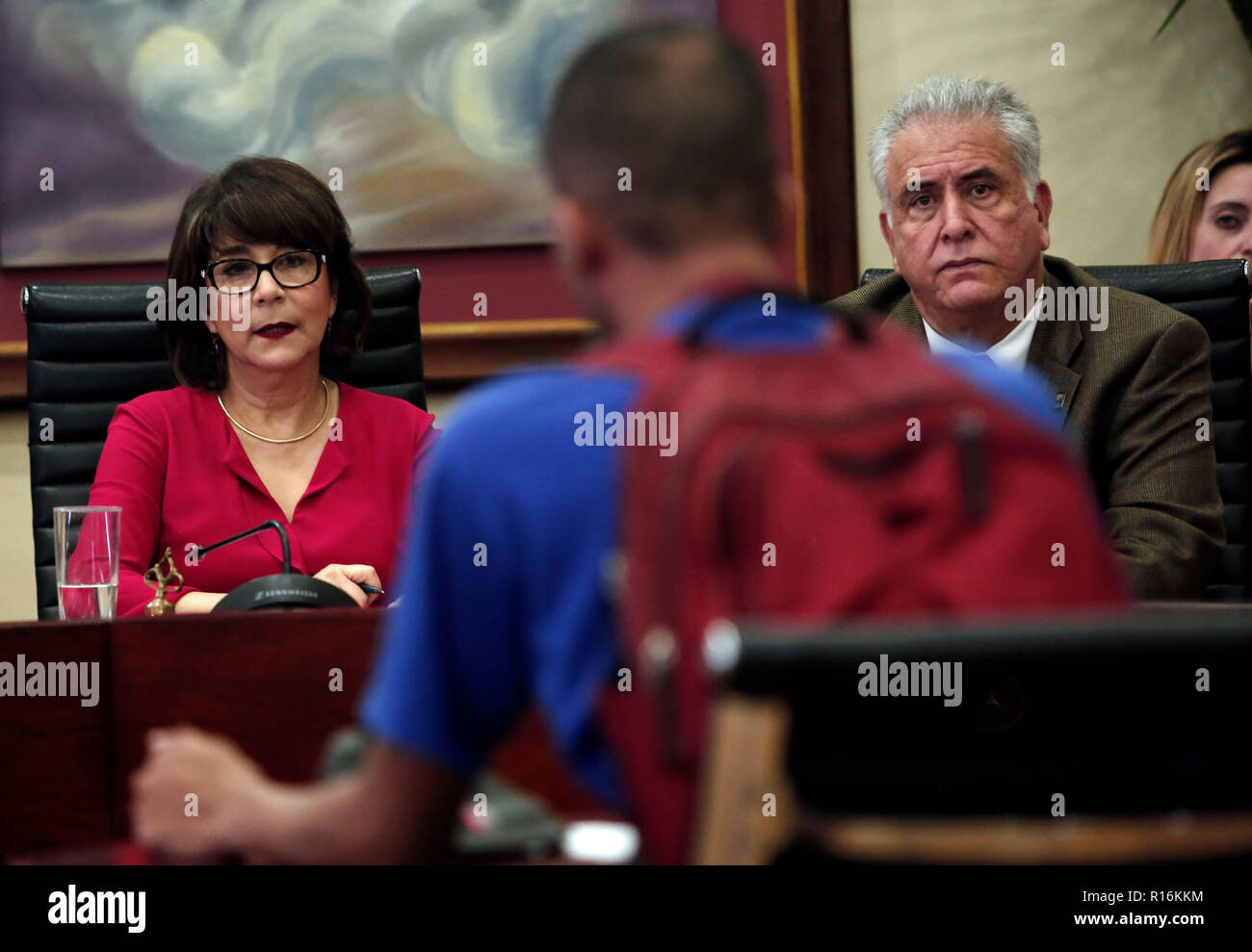 Valencia, Carabobo, Venezuela. 9th Nov, 2018. November 09, 2018. Jessy Divo (front-left), doyenne and Pablo Aure (front-rigth) autorithy of the University of Carabobo, listening a student took his right to speak during the extraordinary university council held at the dean, where various topics were discussed, including the arrest of the Bachelor Ivan Uzcategui, president of the FCU, federation of university centers (for its acronym in Spanish) and Ramon Bravo, head of the university canteen. Those who were arrested and accused of selling food products destined for a house of higher educa Stock Photo