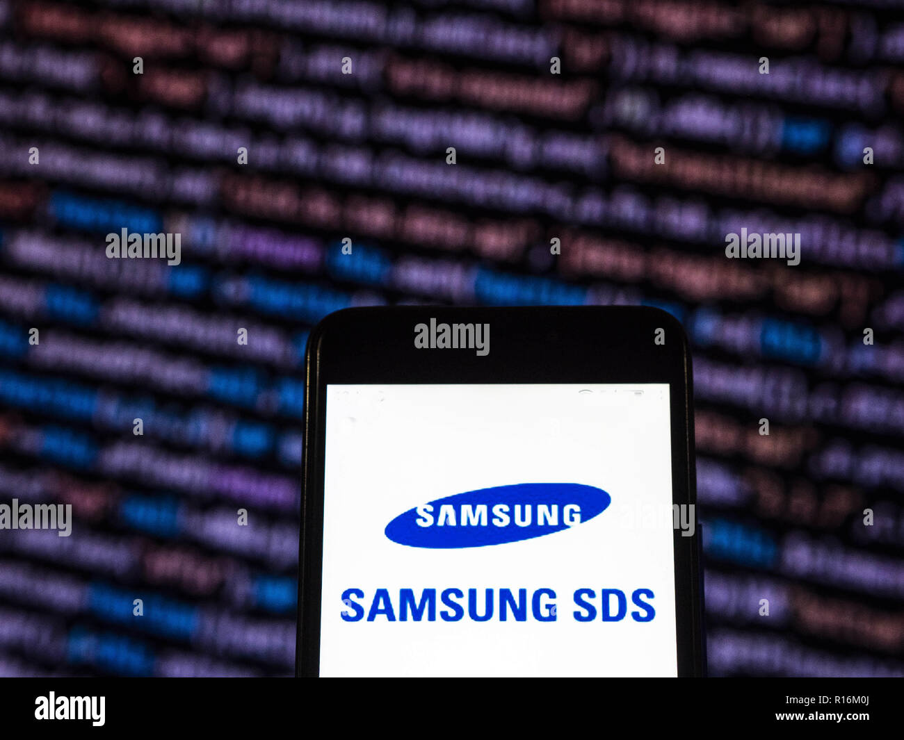 Kiev, Ukraine. 9th Nov, 2018. Samsung SDS logo seen displayed on smart phone. Samsung SDS, established in 1985, as a subsidiary of Samsung group has been providing information technology services. These include consulting services; technical services; and outsourcing services. Credit: Igor Golovniov/SOPA Images/ZUMA Wire/Alamy Live News Stock Photo