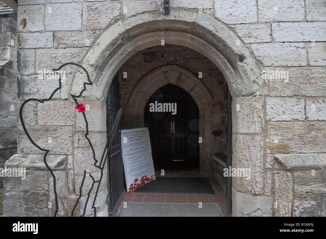 Penshurst, UK. 9th November 2018. There but not there, an installation of 50 silhouettes of fallen soldiers from the first world war at St John the Baptist, Penshurst, Kent. Designed by Martin Barraud and an initiative which originated in THIS church but now spread nationwide This is the  2018 installation to mark the centenary of Armistice commemoration  to mark the fallen Tommy soldiers Credit: Sarah Mott/Alamy Live News Stock Photo