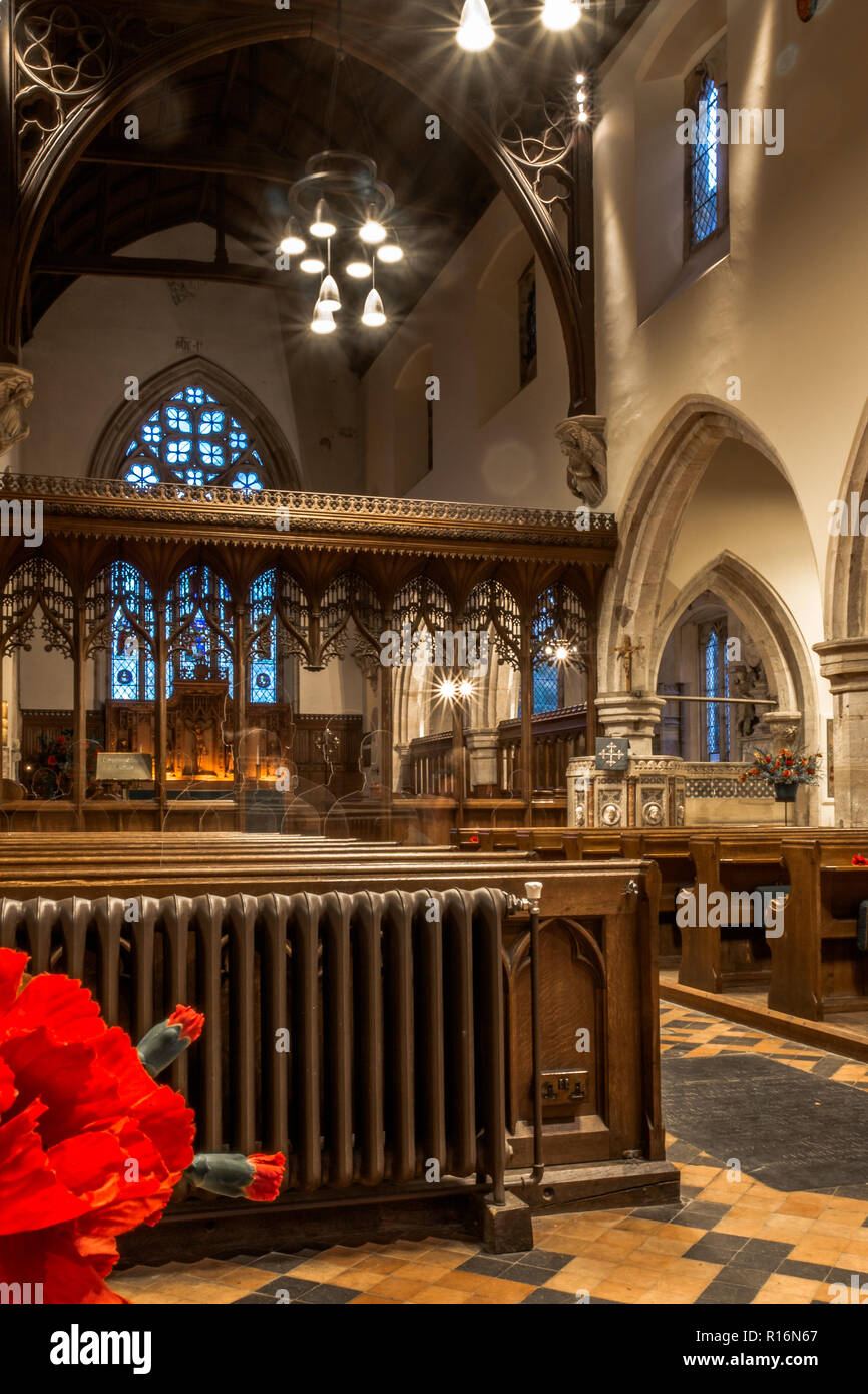 Penshurst, UK. 9th November 2018. There but not there, an installation of 50 silhouettes of fallen soldiers from the first world war at St John the Baptist, Penshurst, Kent. Designed by Martin Barraud and an initiative which originated in THIS church but now spread nationwide This is the  2018 installation to mark the centenary of Armistice commemoration  to mark the fallen Tommy soldiers Credit: Sarah Mott/Alamy Live News Stock Photo