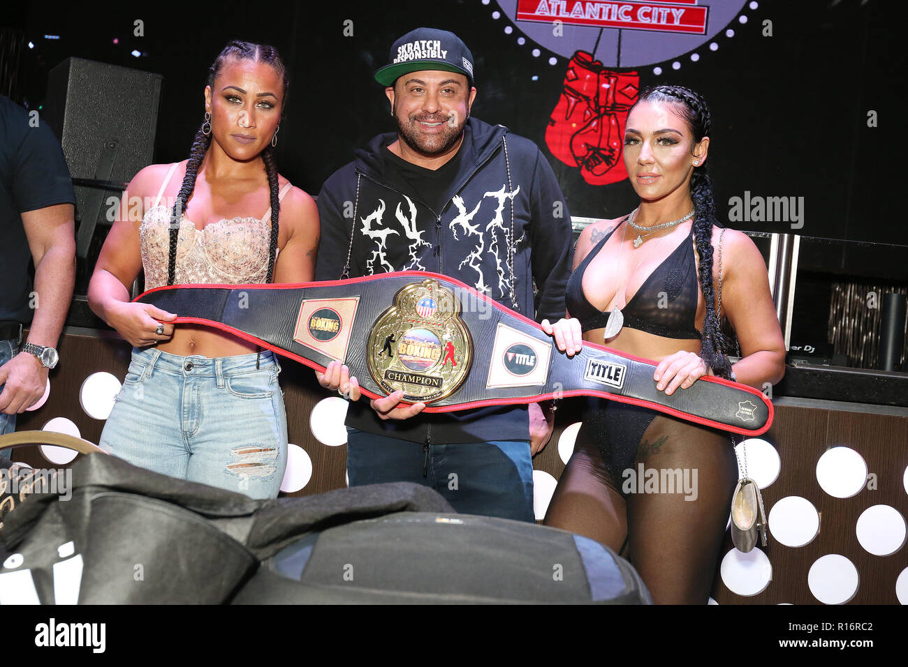 ATLANTIC CITY, NJ NOVEMBER 9 Nicole Hoopz Alexande, DJ Scribble and Natalie DiDonato pictured at the press conference for Celebrity Boxing Match at the Golden Nugget, being held on November 10