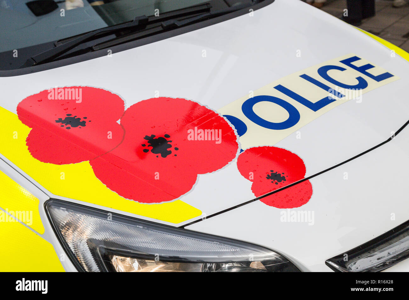 Sidmouth, Devon, UK. 9th November . Sidmouth, 9th Nov 18 Devon and Cornwall police have decorated two squad cars with vibrant poppies in honour of the 100th anniversary of the signing of the Armistice in 1918. One car is in operation in Devon, with the other in Cornwall. Photo Central/Alamy Live News Stock Photo