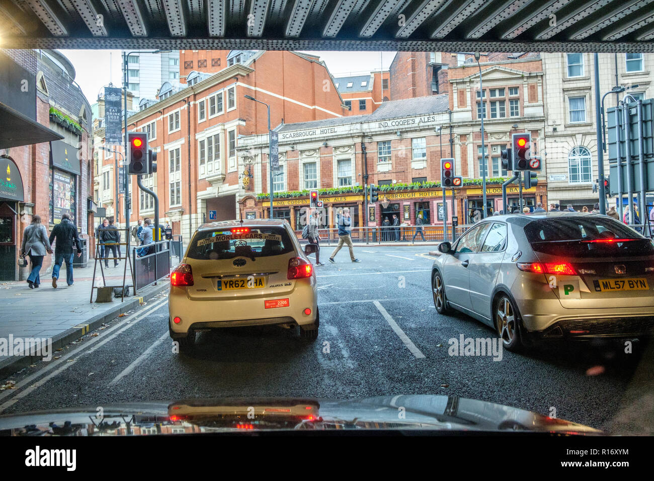 Leeds, England - October 27, 2018: Traffic in the city centre of Leeds, which is the major city in West Yorkshire. Stock Photo