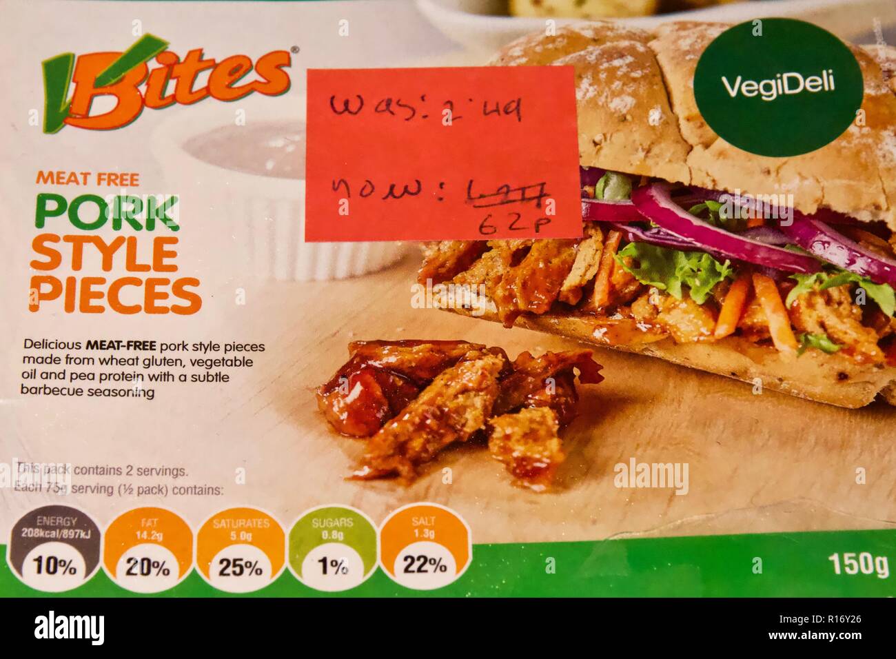 VBites Meat-free vegan Pork Style Pieces from Holland and Barrett, with a reduced price label on it Stock Photo