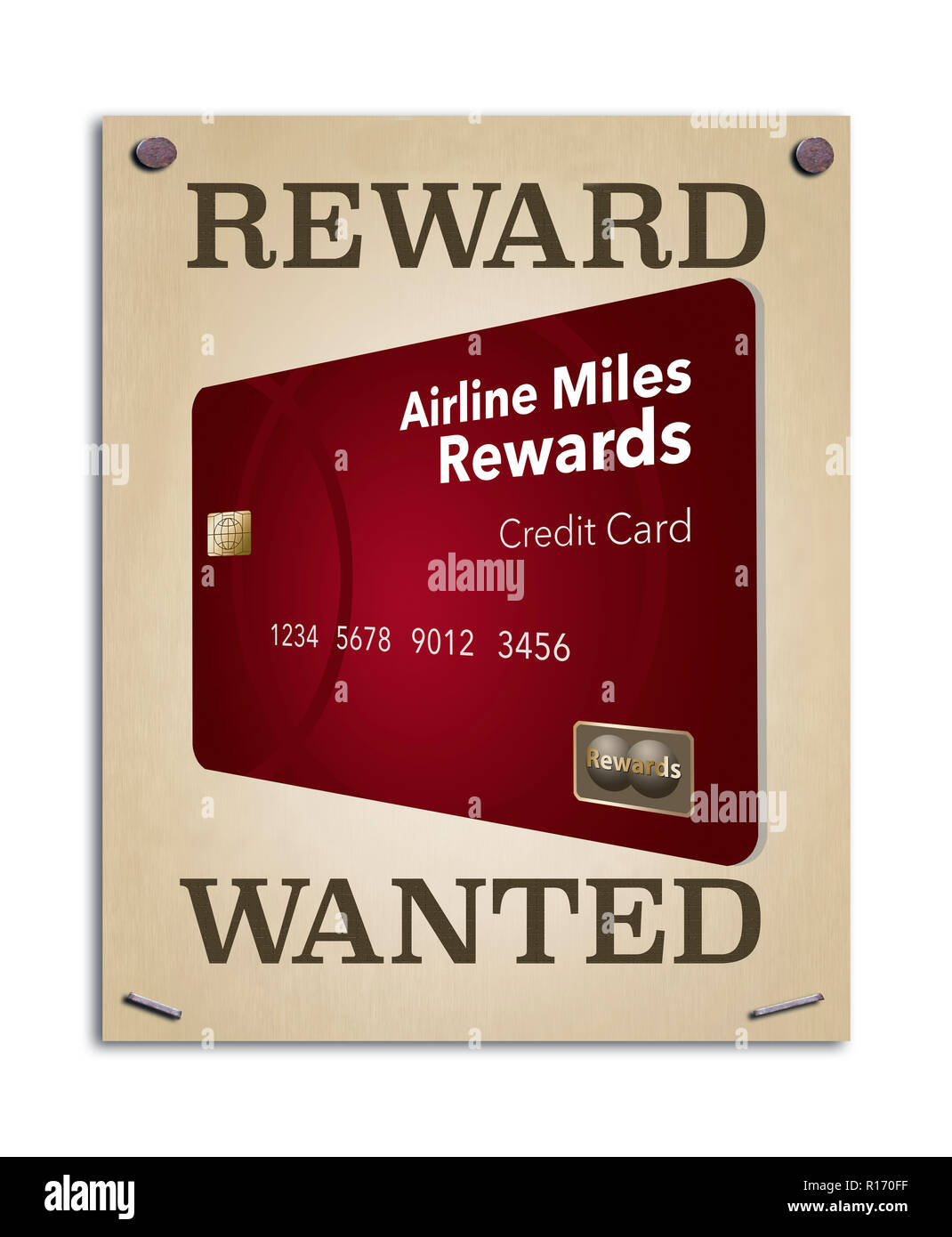 A wanted poster promises a reward and the image on the poster is an airline miles rewards credit card. This is an illustration. Stock Photo