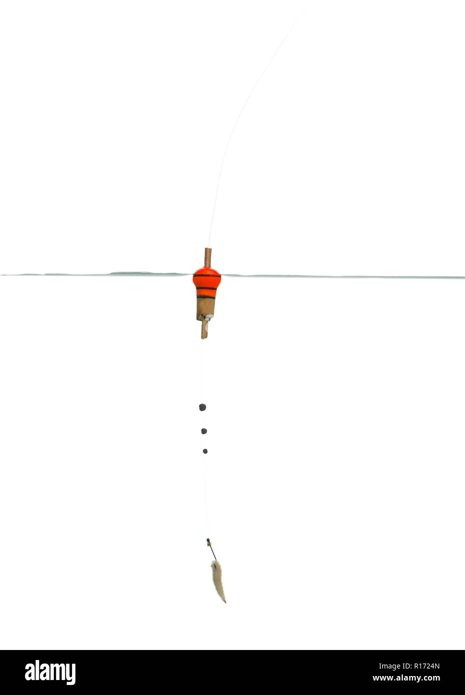 Float, fishing line and bait on hook underwater, isolated on white