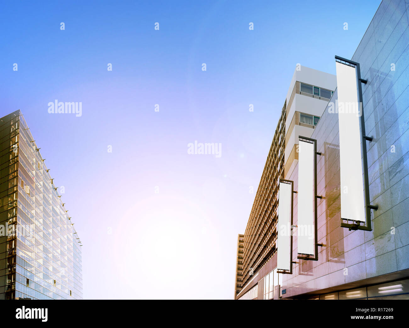 Blank Black Vertical Banners On Building Facade Design Mockup