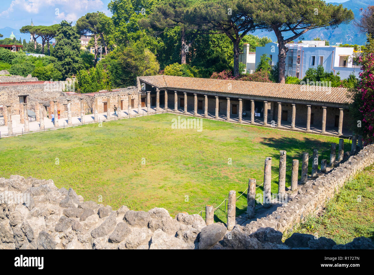 The arcaded court of the gladiators, Pompeii Ruins, Mount Vesuvius, Scavi Italy, arcaded courts roman gladiator concept, ancient times, unesco pompeii Stock Photo