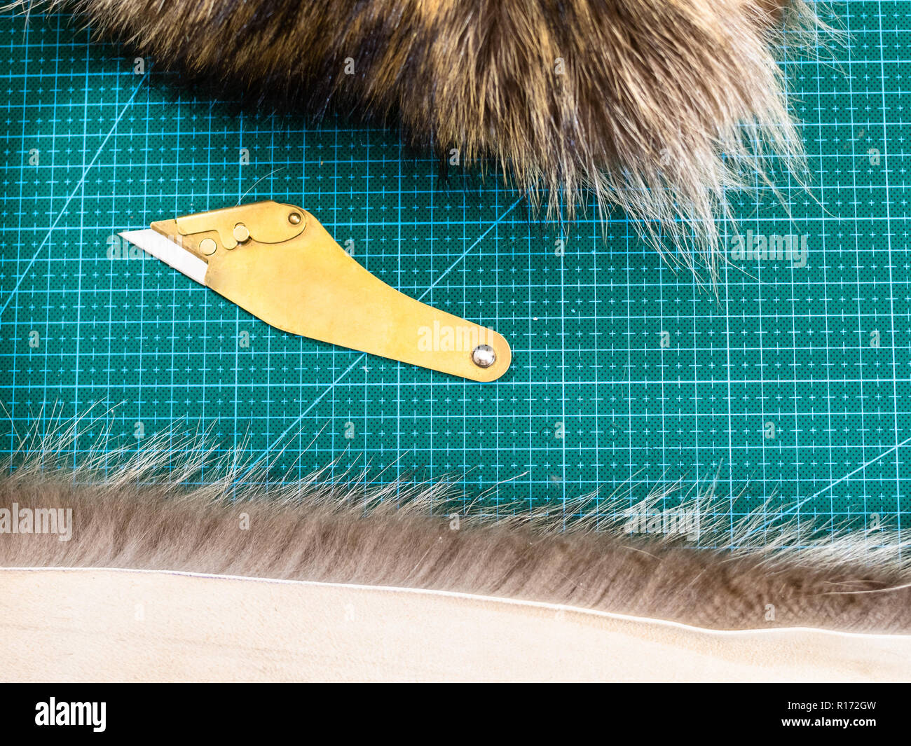 workshop of manufacturing of coats from raccoon fur - fur knife between ...