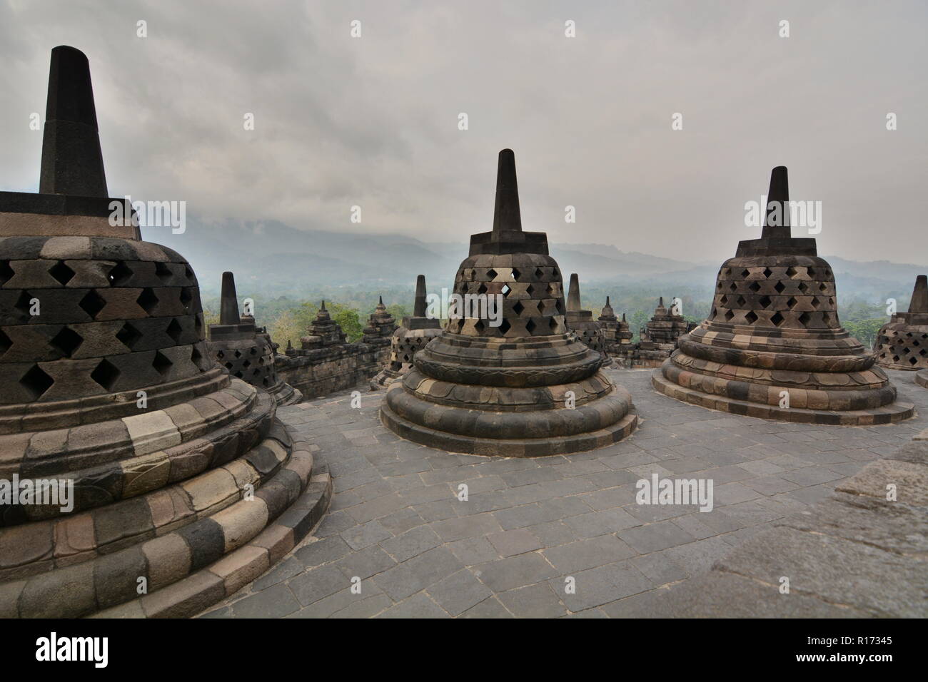 The perforated stupas at Candi Borobudur. Magelang. Central Java. Indonesia Stock Photo