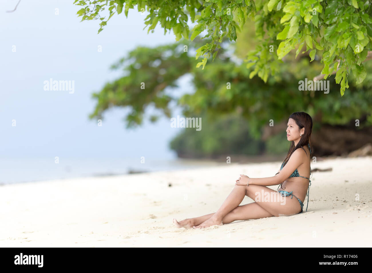 Beautiful Filipina woman sitting in her bikini on a tropical beach in her bikini on the golden sand in the shade of a green leafy tree looking out tow Stock Photo