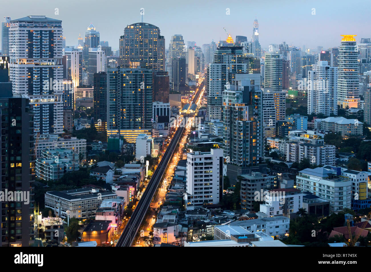 Bangkok City Center Night View From Rooftop On Sukhumvit Road Stock ...