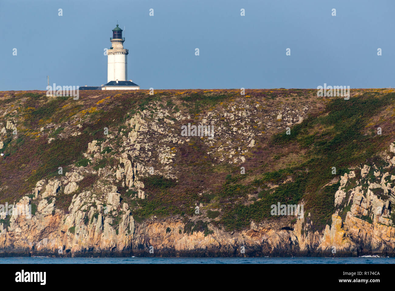 The Stiff lighthouse on the cliff top in ushant island, Brittany, France Stock Photo