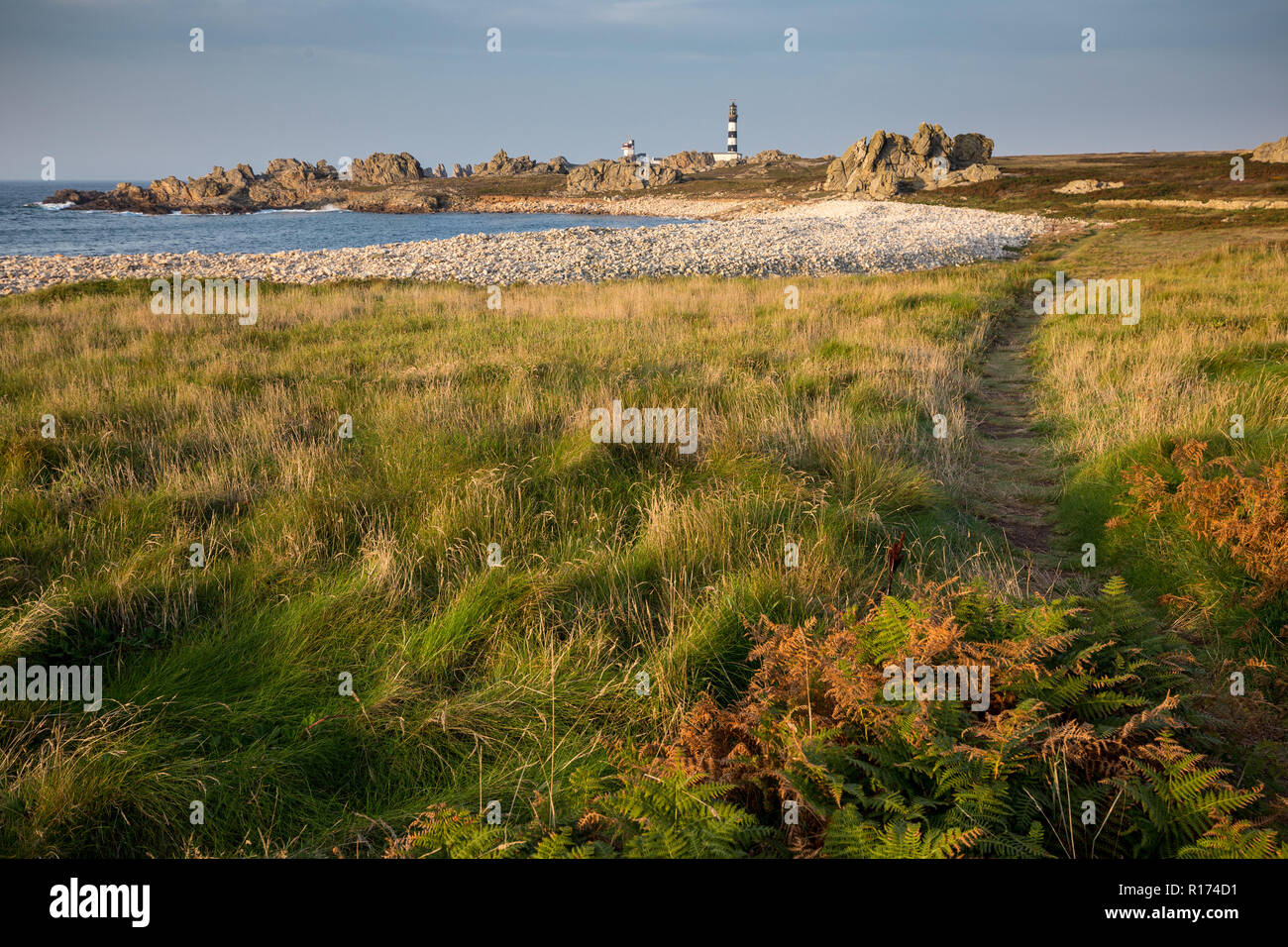 ushant island coastline landscape at the Pern point with the Creach lighthouse, Brittany, France Stock Photo