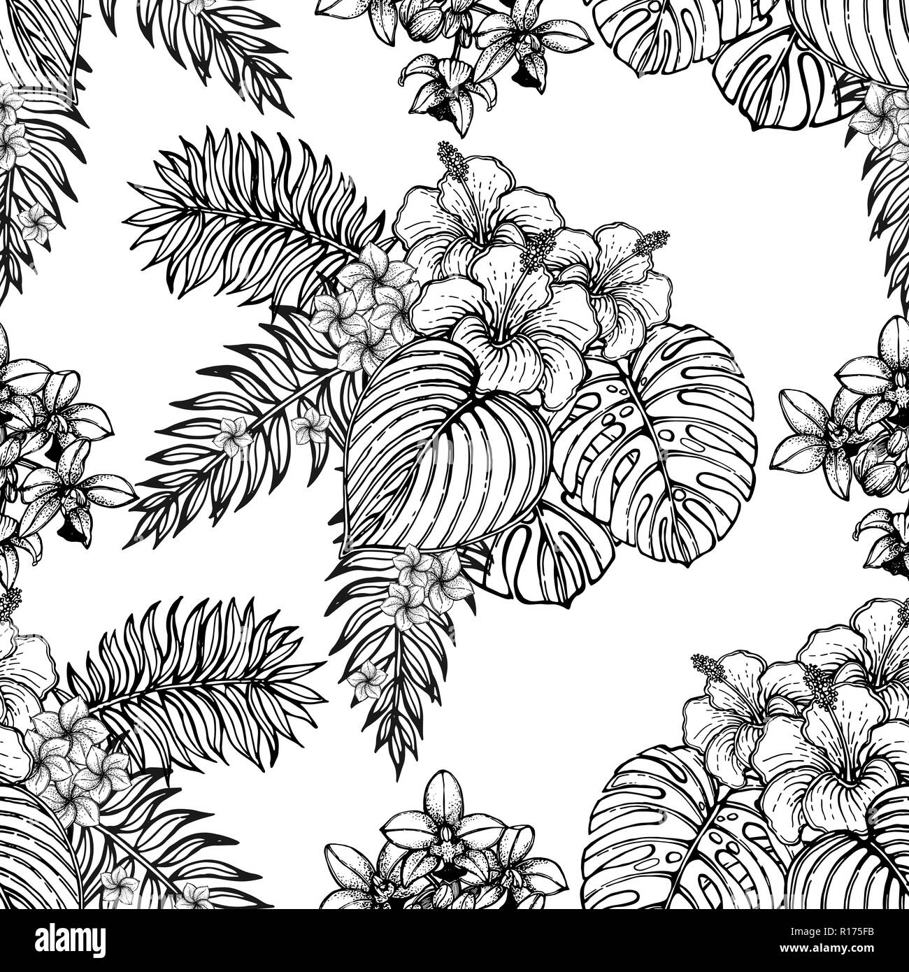 Seamless pattern of hand drawn sketch style flowers and plants isolated ...