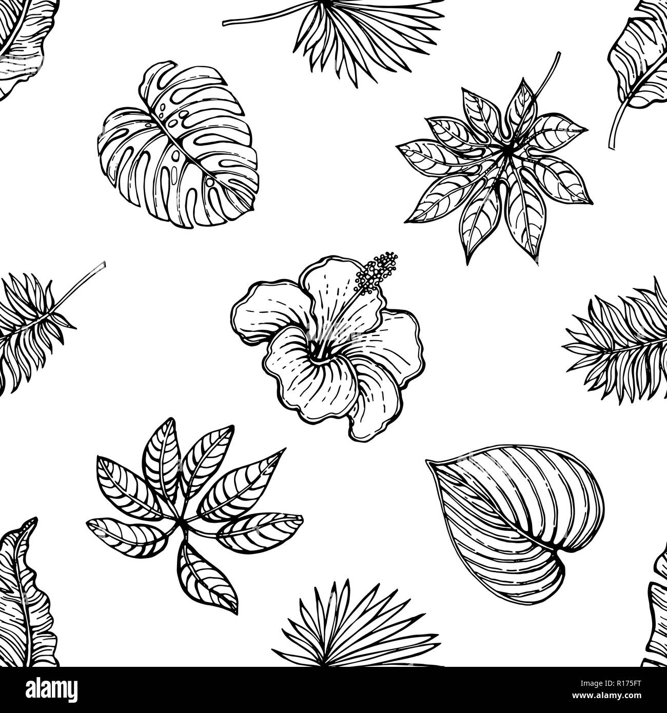 Seamless pattern of hand drawn sketch style flowers and plants isolated ...