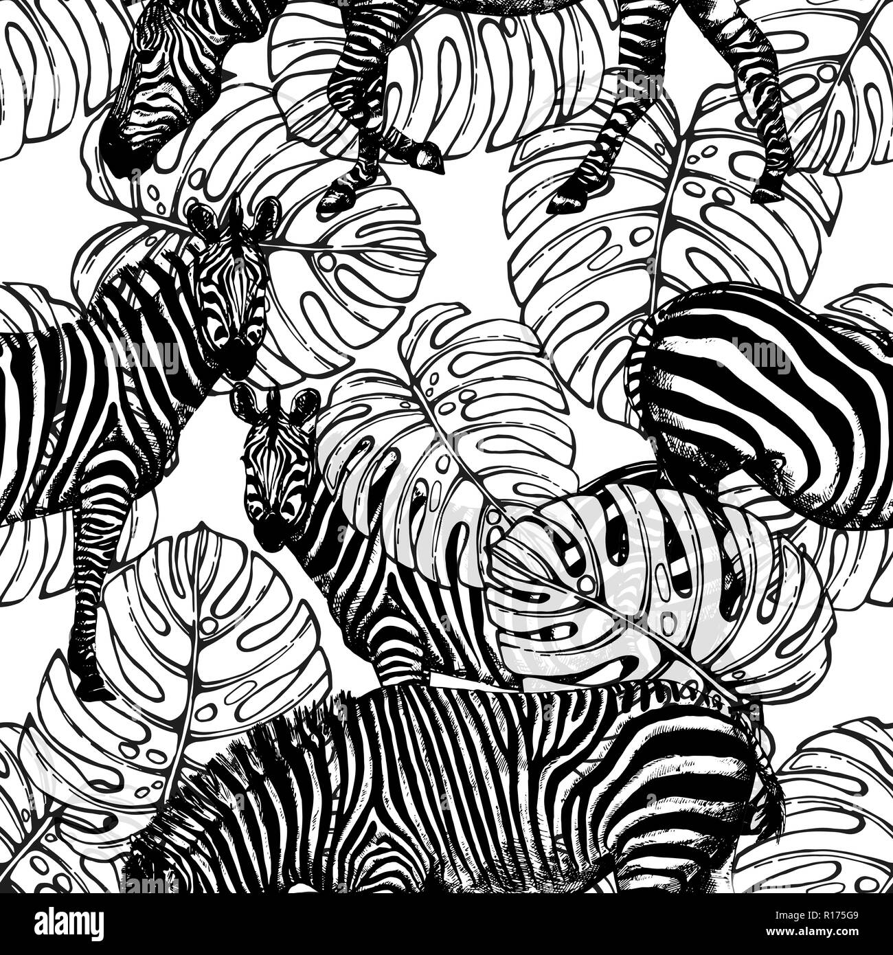 Seamless pattern of hand drawn sketch style tropical plants and zebras. Vector illustration