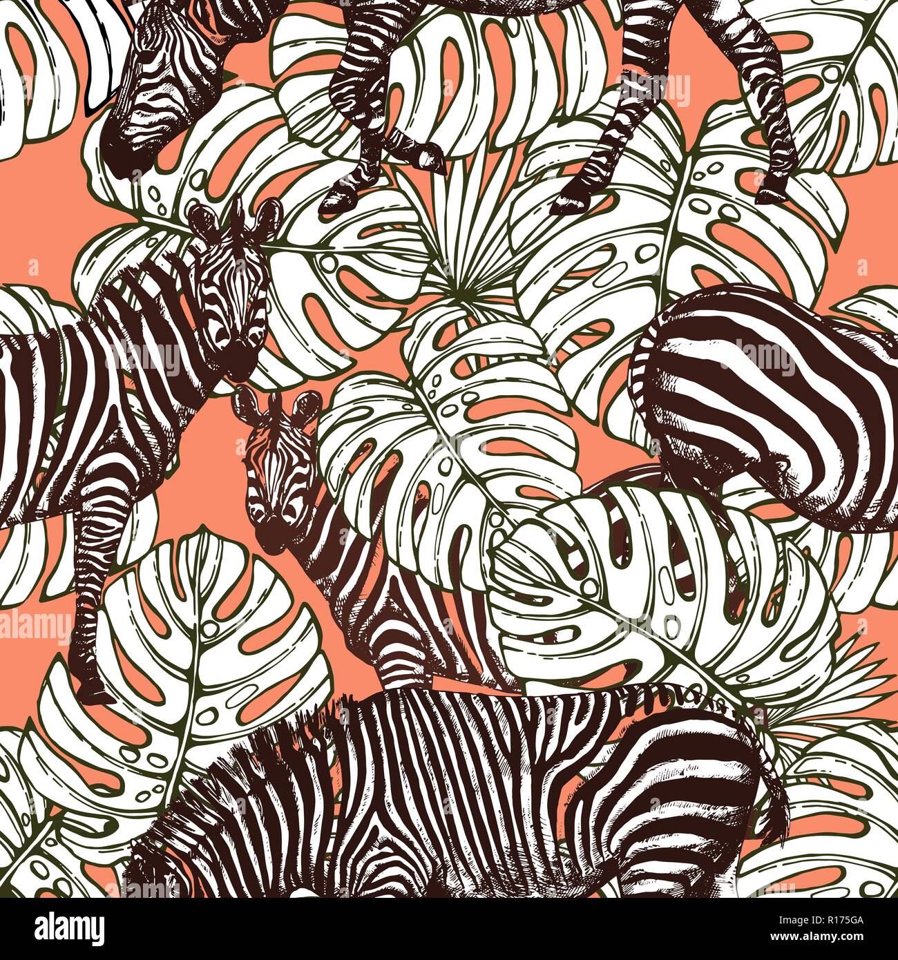 Seamless pattern of hand drawn sketch style tropical plants and zebras. Vector illustration