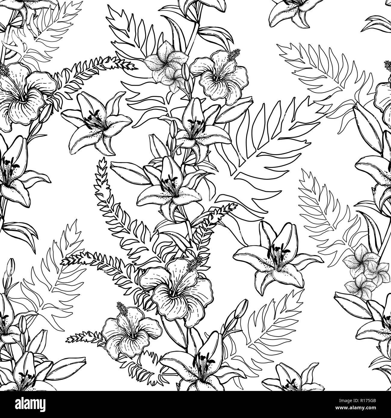 Seamless pattern of hand drawn sketch style flowers and plants isolated ...