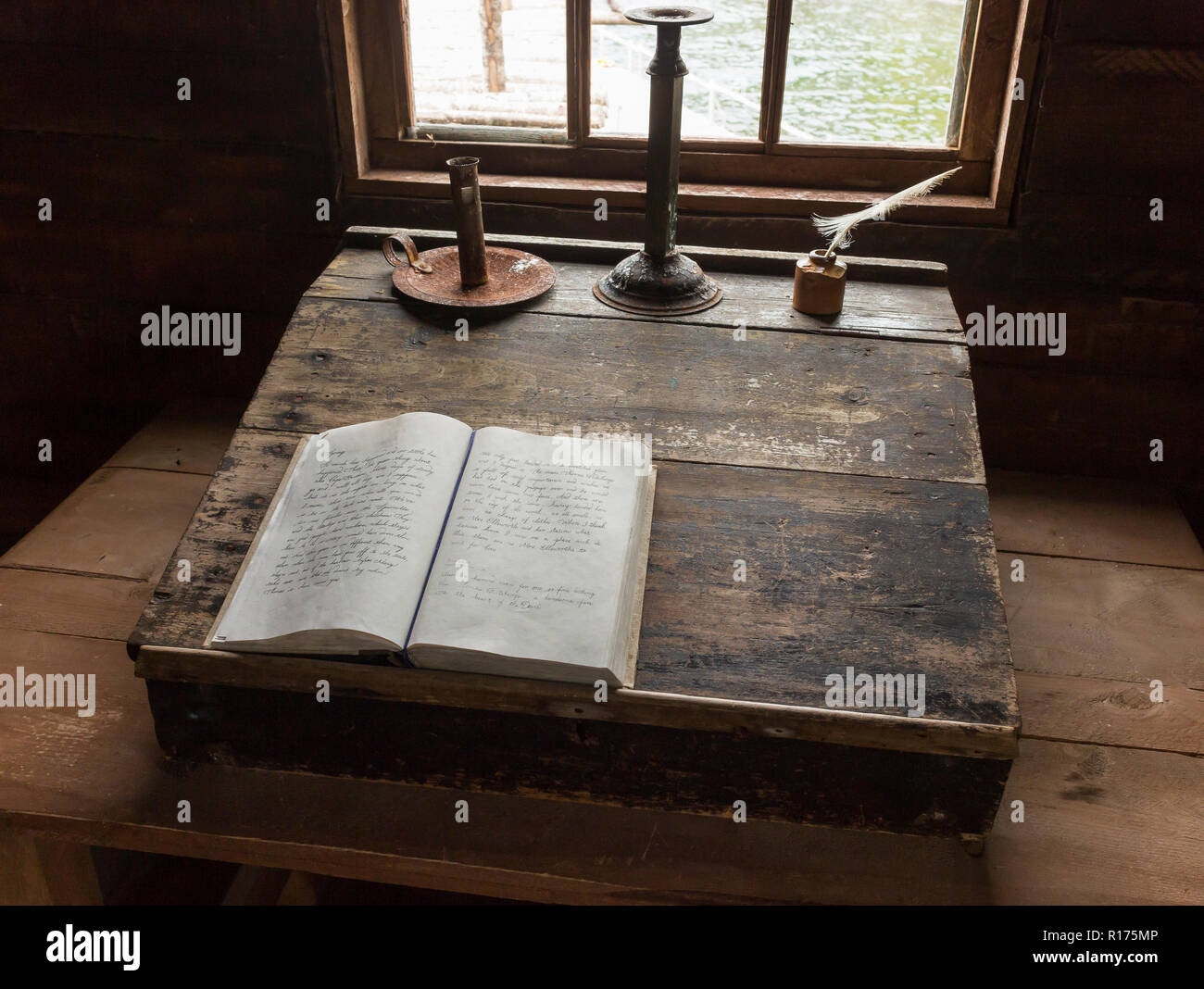 CAPE RANDOM, NEWFOUNDLAND, CANADA -Writing desk and quill, Random Passage movie set, replica of fishing village. Stock Photo