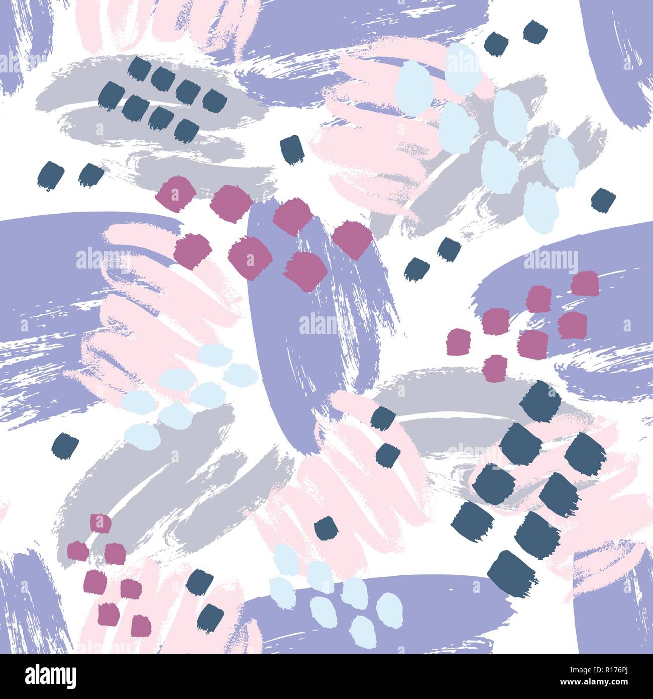 Grey red pink white purple hand drawn paint lines and stains vector seamless pattern Stock Vector