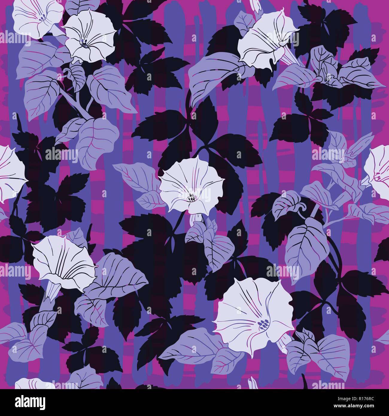 Lilac and purple flowers of dope floral pattern on the black background for bed linen, curtains, decorative pillows, other home textile and women's cl Stock Vector