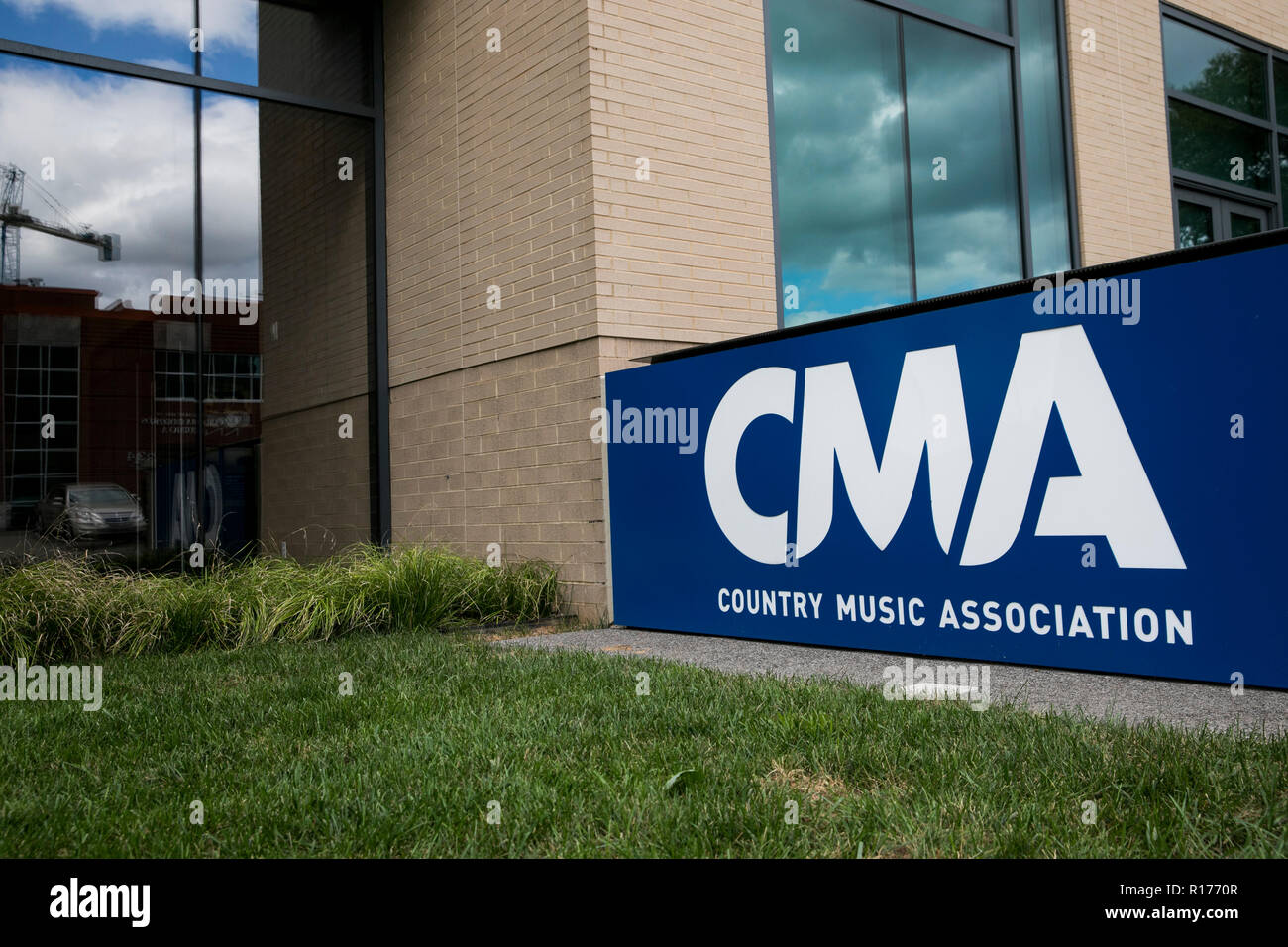 A logo sign outside of the the headquarters of The Country Music Association (CMA) in Nashville, Tennessee, on October 9, 2018. Stock Photo