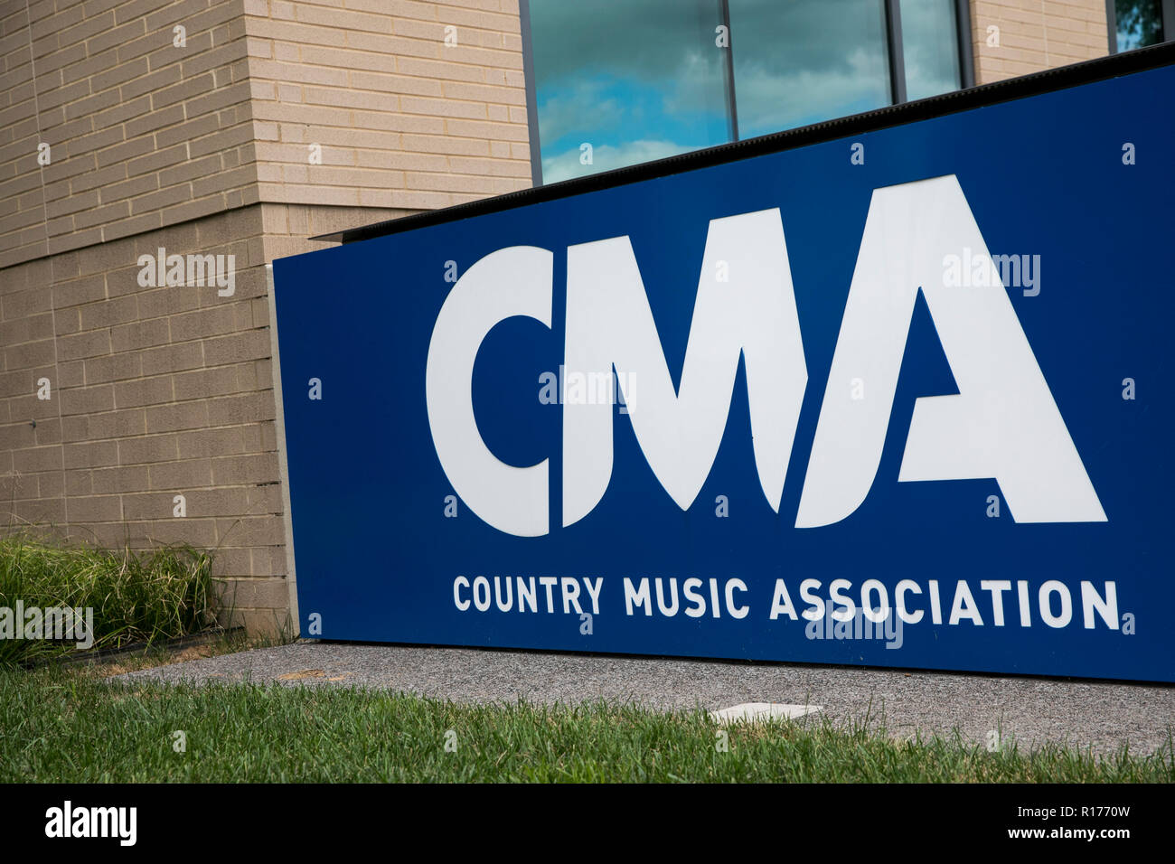 A logo sign outside of the the headquarters of The Country Music Association (CMA) in Nashville, Tennessee, on October 9, 2018. Stock Photo