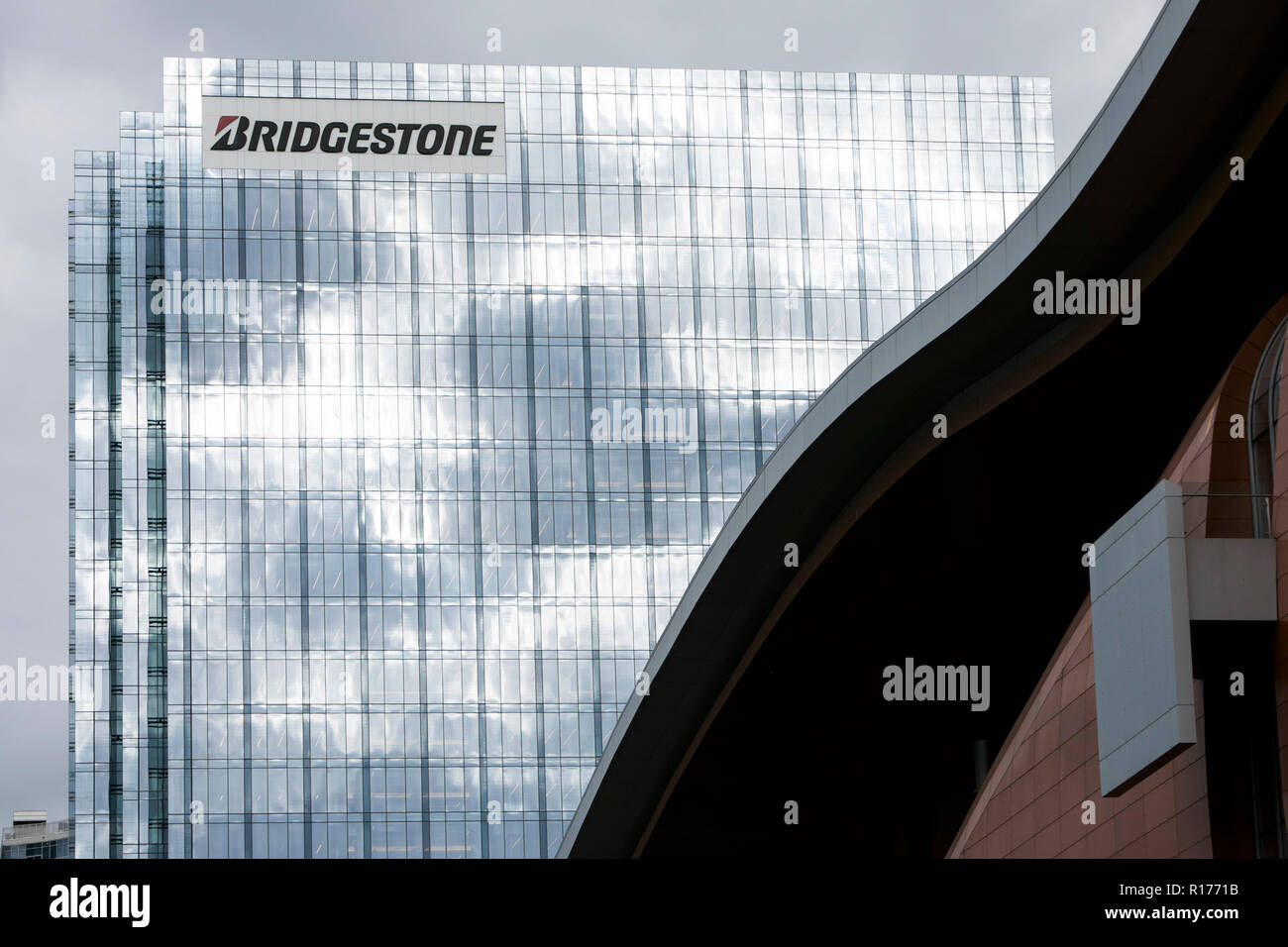 A logo sign outside of the headquarters of Bridgestone Americas in Nashville, Tennessee, on October 9, 2018. Stock Photo