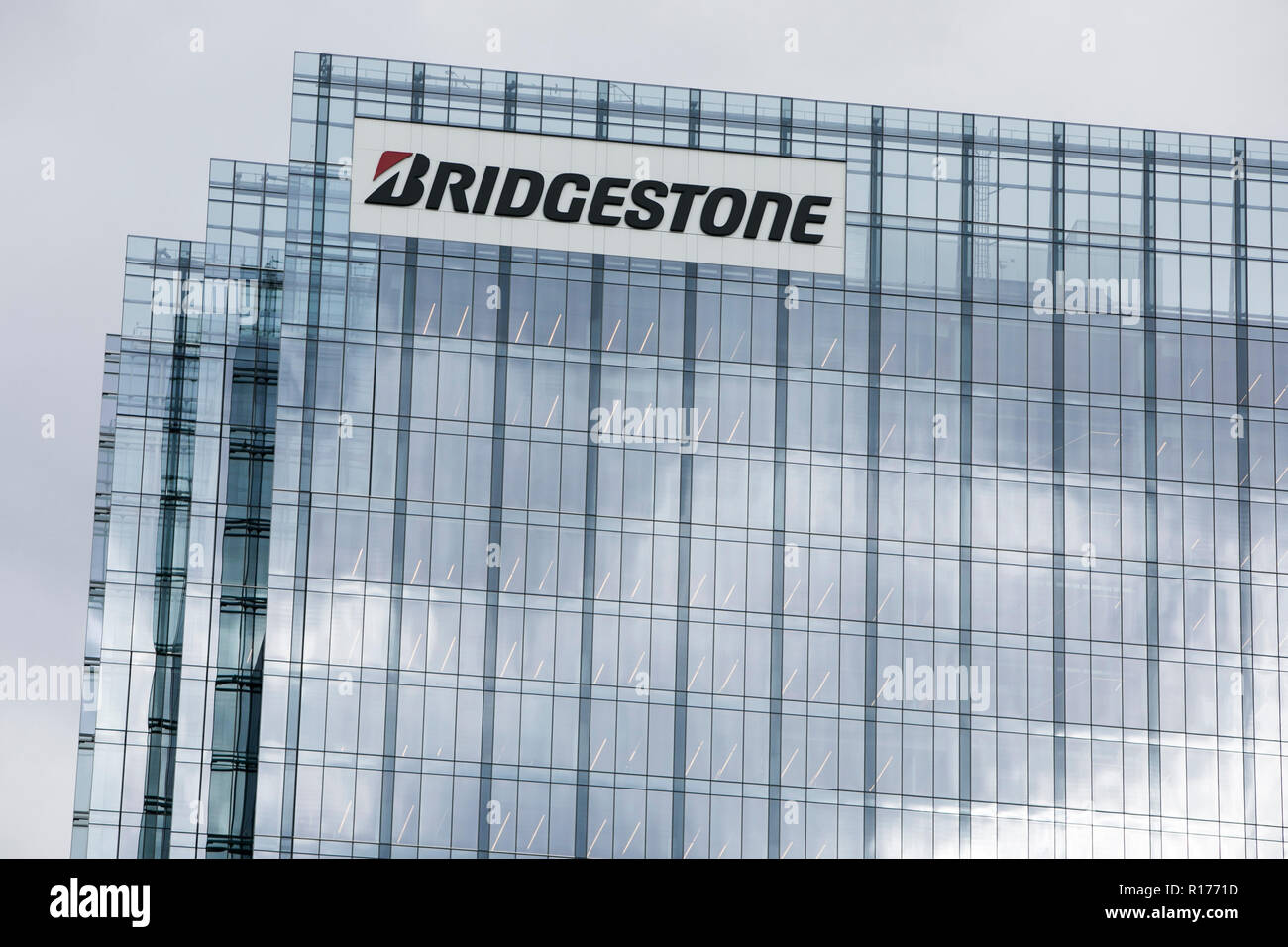 A logo sign outside of the headquarters of Bridgestone Americas in Nashville, Tennessee, on October 9, 2018. Stock Photo
