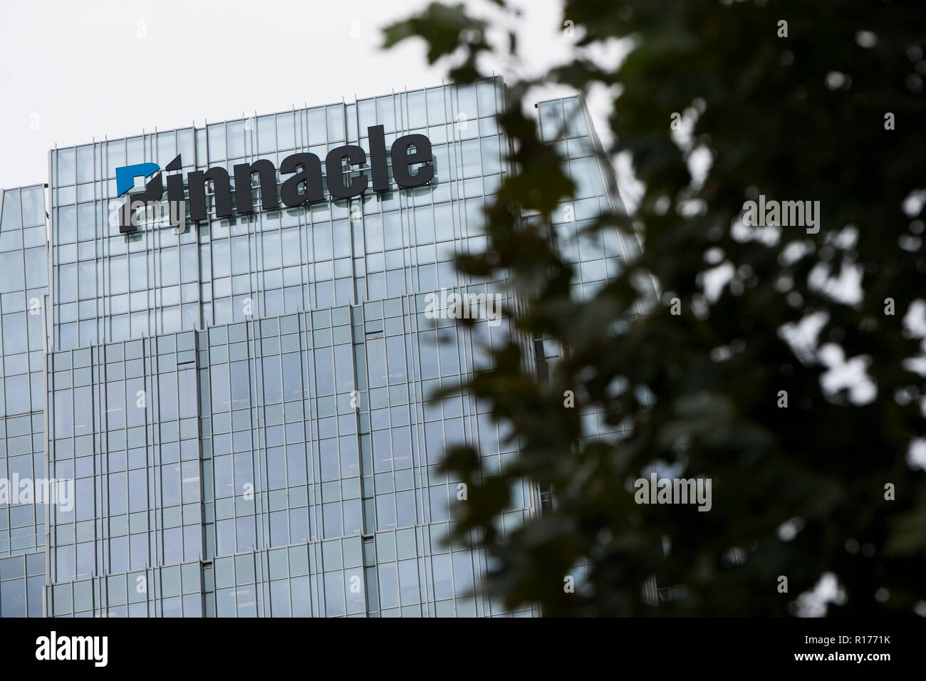 A logo sign outside of the headquarters of Pinnacle Financial Partners in Nashville, Tennessee, on October 9, 2018. Stock Photo