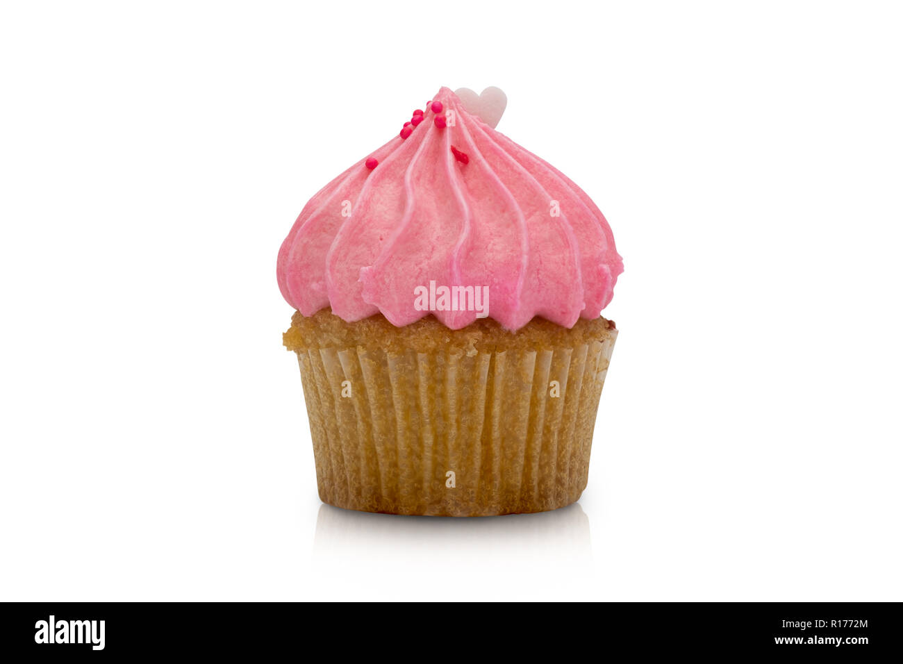 Pink strawberry cupcake isolated on white background. Stock Photo