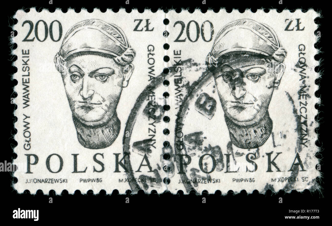Postage stamps from the Poland in the Carved Wawel Heads series issued in 1986 Stock Photo