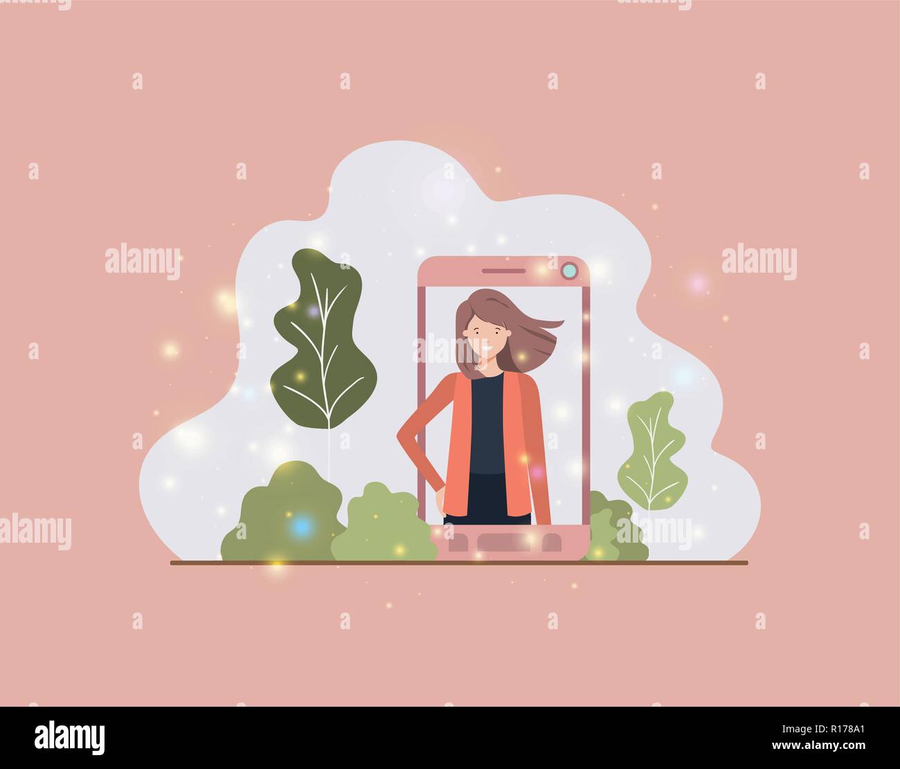 woman in smartphone on landscape Stock Vector