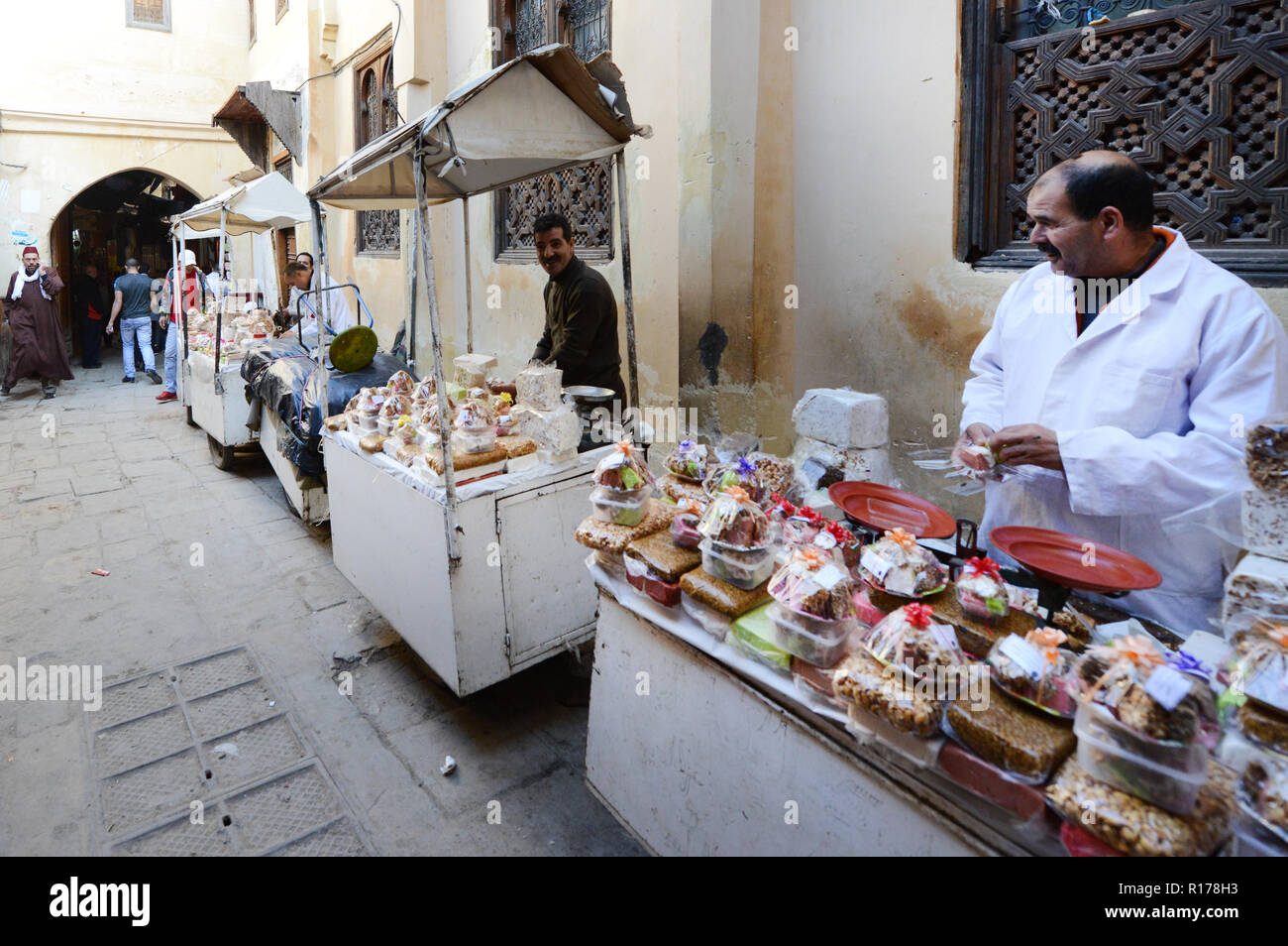 Traditional Moroccan sweets sold in the old city of Fes, Morocco Stock