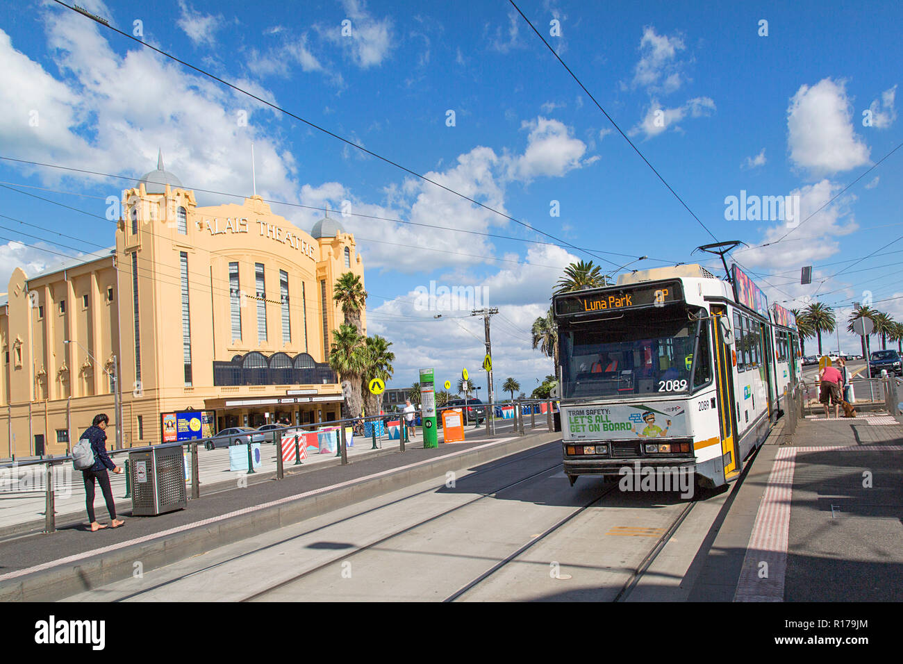 Melbourne, Australia March 25, 2018 A tram arrives at Luna Park and