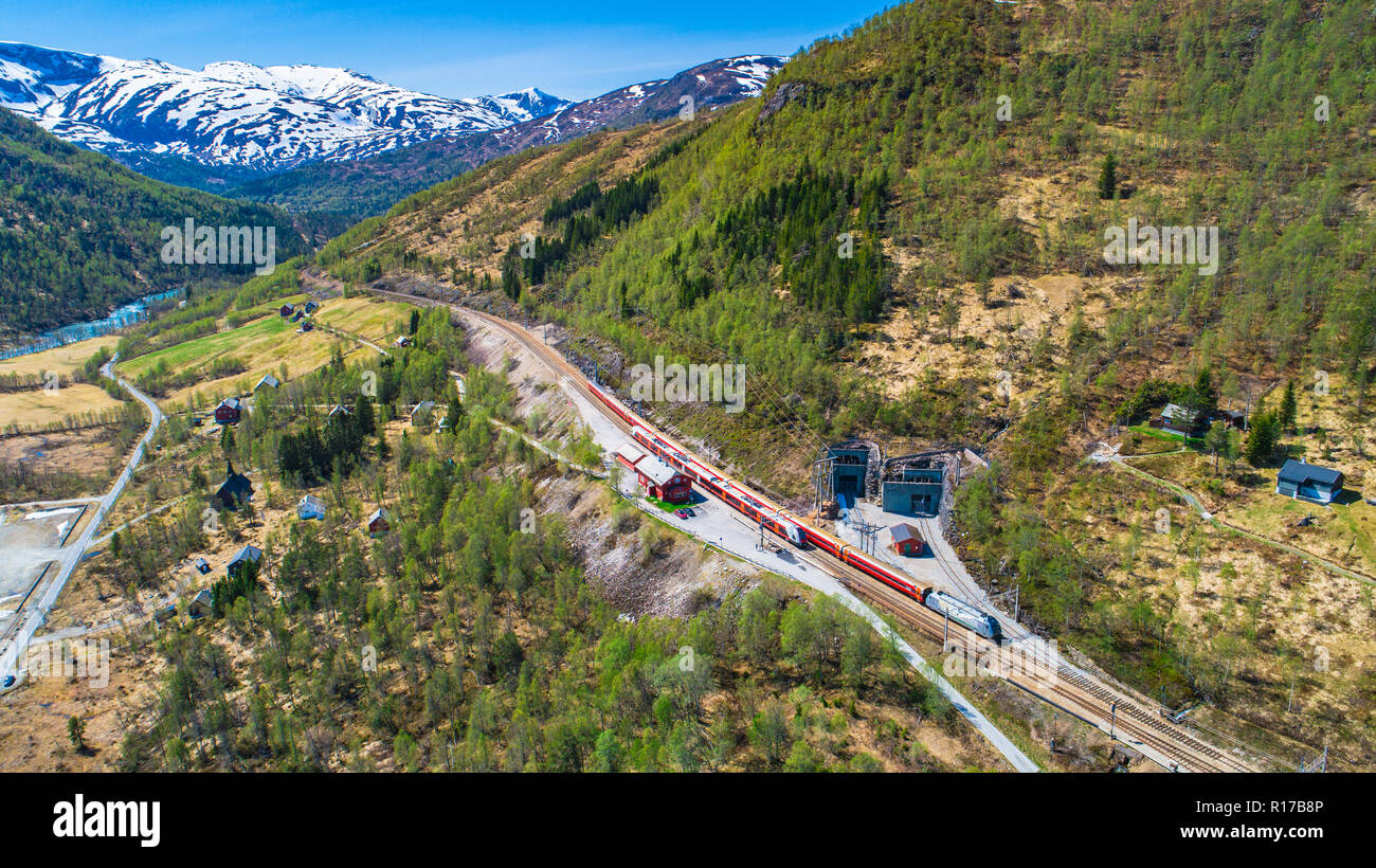 Train Oslo - Bergen in mountains. Norway. Stock Photo