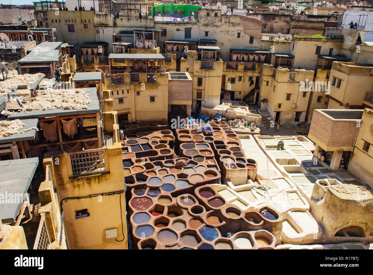 Tanneries of Fes Old tanks with color paint for leather. Morocco Africa Stock Photo