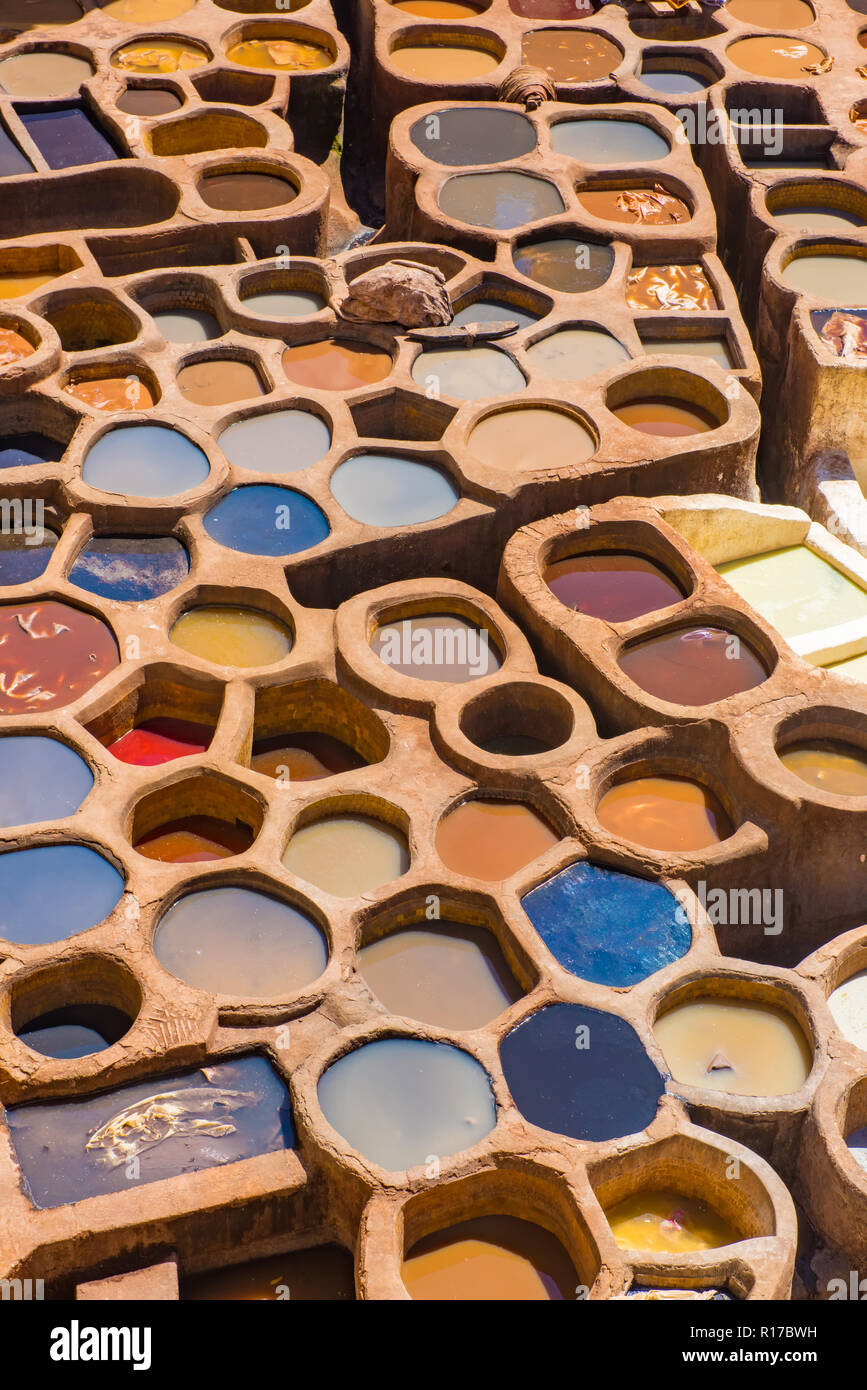 Tanneries of Fes Old tanks with color paint for leather. Morocco Africa Stock Photo