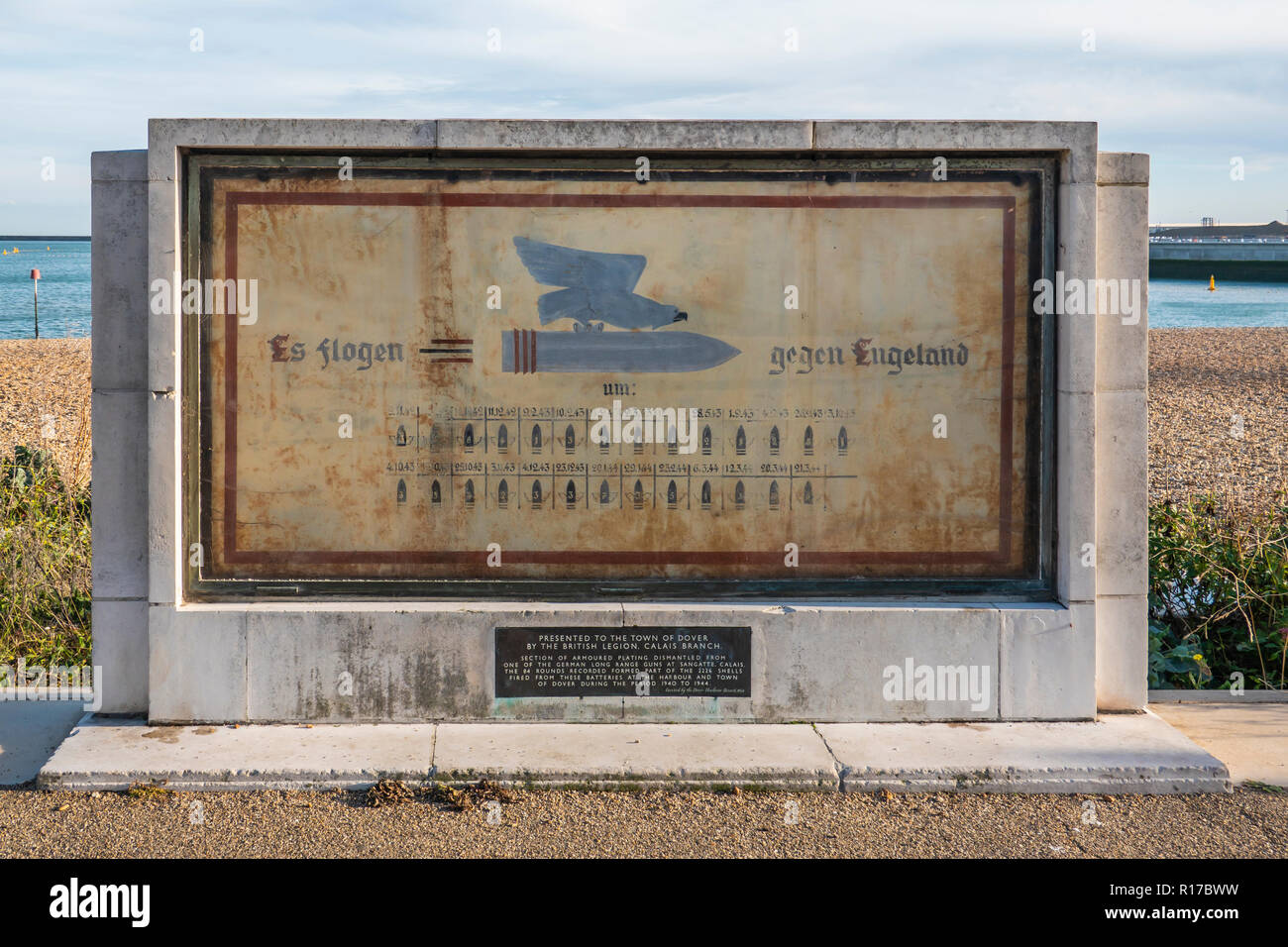 WW 2,Plaque,made from,Armour Plating,Taken From,Long Range,German,Gun,at,Sangatte,Calais,Presented by,British Legion,Calais Branch,Dover Seafront,Dove Stock Photo