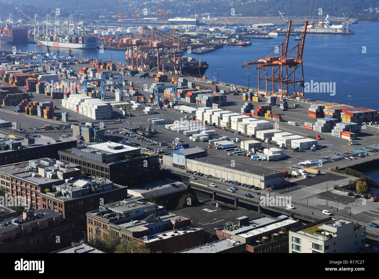 A View of container shipping in Seattle, Washington port Stock Photo