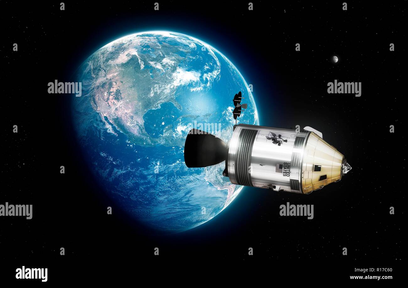 Apollo spacecraft. Illustration of the Apollo Command/Service Module (CSM) above the Earth. Each Apollo mission was crewed by three astronauts, sitting in the Command Module (CM, conical gold section at the front of the CSM). The cylindrical Service Module section contained scientific instruments, propulsion systems, fuel cells and life support systems. Once at the Moon, two astronauts used the Lunar Module to descend to the Moon and return to the CSM, which was piloted by the third astronaut. The CM was then used to re-enter Earth's atmosphere, with the other sections being jettisoned. Stock Photo