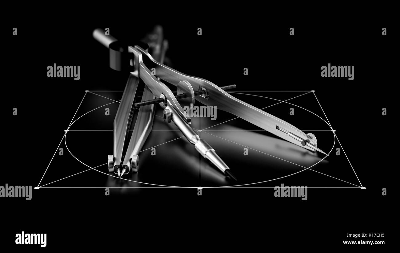 Close-up of engineering or architectural divider and compass. 3d ...